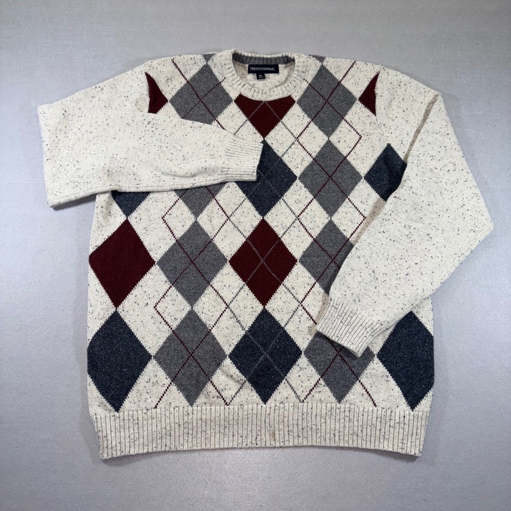 Tricots St Raphael Mens XL Argyle Crew Neck Sweater Flecked Cream Grey Burgundy